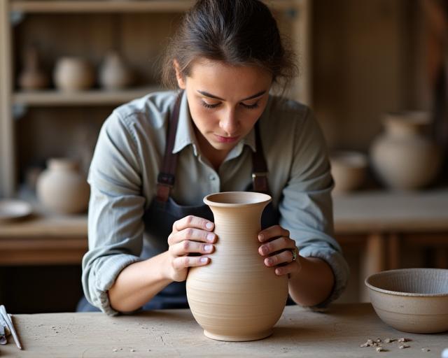 Artisan examinant un vase en céramique fini, lumière chaleureuse.