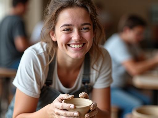 Personne souriante lors d'un atelier d'initiation à la poterie, mains couvertes d'argile.