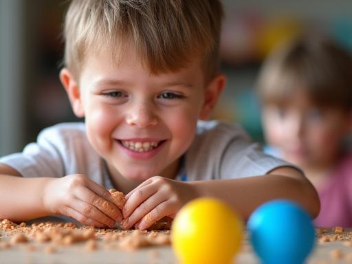 Enfant concentré et souriant en train de modeler de l'argile lors d'un atelier ludique.