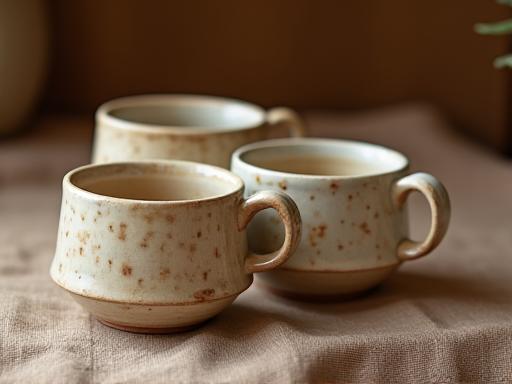Tasses à café en poterie faites à la main avec glaçure naturelle, ambiance chaleureuse.