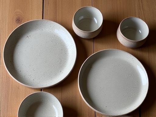 Assiettes et bols artisanaux en céramique avec textures uniques, sur une table en bois.
