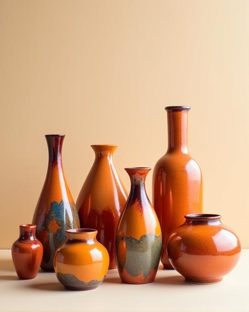 Collection de vases en céramique aux couleurs chaudes et motifs abstraits.